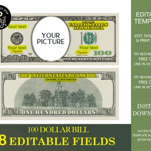 Bearbeitbarer Hundert-dollar-Schein, Geldscheinkunst, digitales Geld, Ihr Gesicht auf Geld, kundenspezifische Bucks, bearbeitbare Corjl-Vorlage