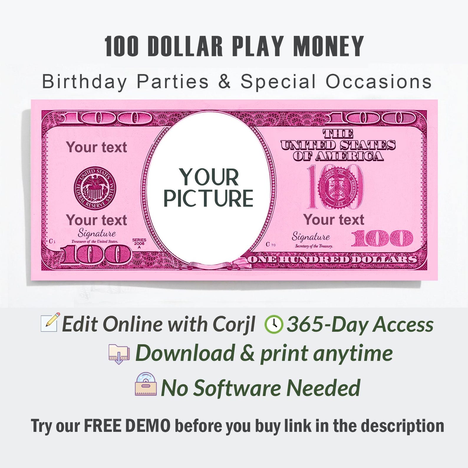 Custom Pink Hundred Dollar Play Money, Personalized Party Favor ...