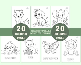 20 Cute Animal Coloring Book for Toddlers, Kids Coloring Pages with Color Guide, Preschool Educational Worksheets, Instant Digital Download
