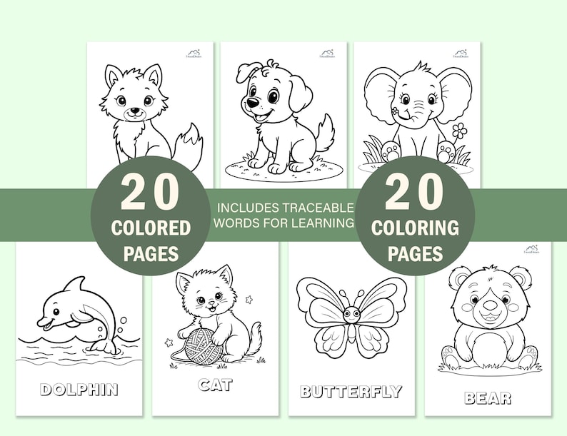 Preview of 20 cute animal coloring pages for toddlers showing side-by-side black and white line art and full-color guides for a dolphin, cat, butterfly, and bear. Text reads 40 pages total, including 20 B&W and 20 color guides.