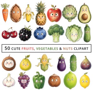 Pacchetto di clipart di cibo sorridente, clipart kawaii, frutta e verdura in formato PNG, adesivi digitali, download immediato per uso commerciale.