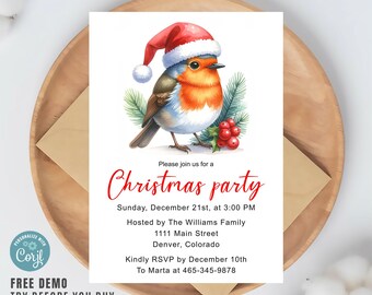Christmas Party Invitation, Watercolor Robin Bird Invite, Editable Corjl Template