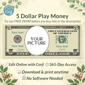 Può includere: Un modello digitale per una banconota da gioco da 5 dollari. Il design include spazio per un'immagine e del testo, con le parole "5 Dollar Play Money" in alto. Il modello è modificabile online con Corjl e può essere scaricato e stampato.