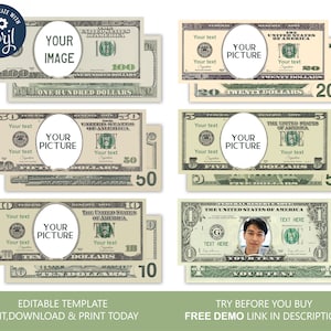Printable Personalized Dollar Bill Templates (20, 10, 5, 100, 50, 1), Editable Corjl Template