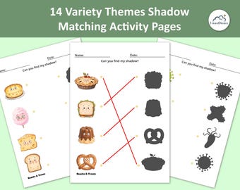 14 Shadow Matching Activity Pages for Toddlers - Animal Food & Transport Busy Book - Montessori Printable Worksheets Ages 2-4