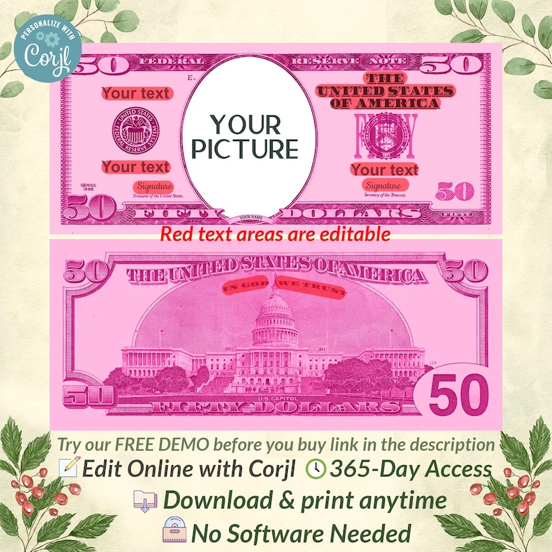 Custom Play Money Example Pink Custom Face Money Bundle, 8 Denominations Personalized Play Money ...