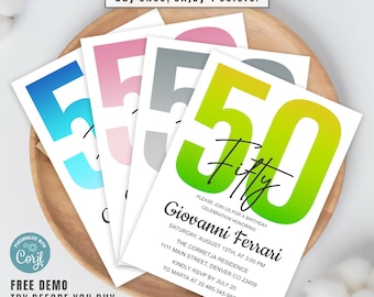 50th Birthday Invitation, Editable Digital Invite, Mobile Birthday Invitation, Modern Elegant Milestone Party Invite, Printable Evite