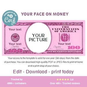 Editable Pink Hundred Dollar Bill Template: Custom Money Art (Corjl)