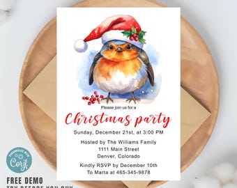 Christmas Party Invitation – Robin with Santa Hat – Editable Corjl Template