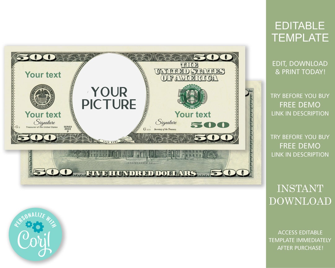 Editable Custom Denomination Dollar Bill Money Bill Art - Etsy