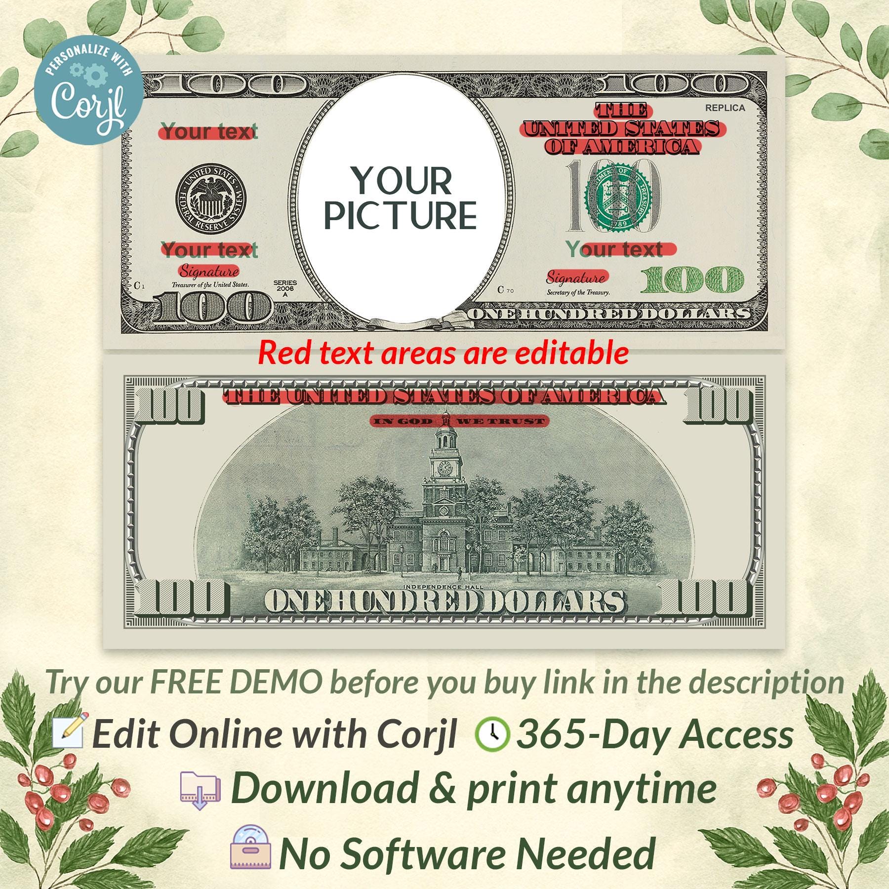 Custom Face on 100 Dollar Bill, Personalized Play Money Template ...