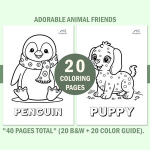Educational kids animal coloring book pages featuring a cute penguin and puppy. Includes a black and white version for coloring and a color version as a reference guide. Large block letters at the bottom show the animal names for vocabulary learning.