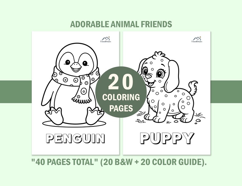 Educational kids animal coloring book pages featuring a cute penguin and puppy. Includes a black and white version for coloring and a color version as a reference guide. Large block letters at the bottom show the animal names for vocabulary learning.