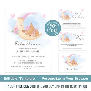 Girl Baby Shower Invitation Suite with Sleeping Fox on Moon (Corjl Template)