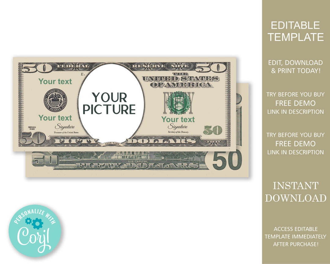 Editable Fifty Dollar Bill, Money Bill Art, Digital Money, Your Face on Editable Fifty Dollar Bill, Money Bill Art, Digital Money, Your Face on