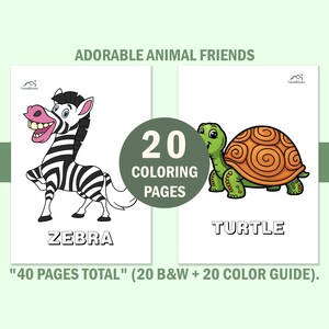 Libro da colorare con simpatici animali per bambini piccoli, pagine da colorare per bambini con guida ai colori, schede didattiche prescolastiche, download digitale immediato. immagine 10