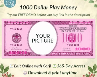 Pink 1000 Dollar Face Money Bill Art, Novelty Gift (Editable Corjl Template)