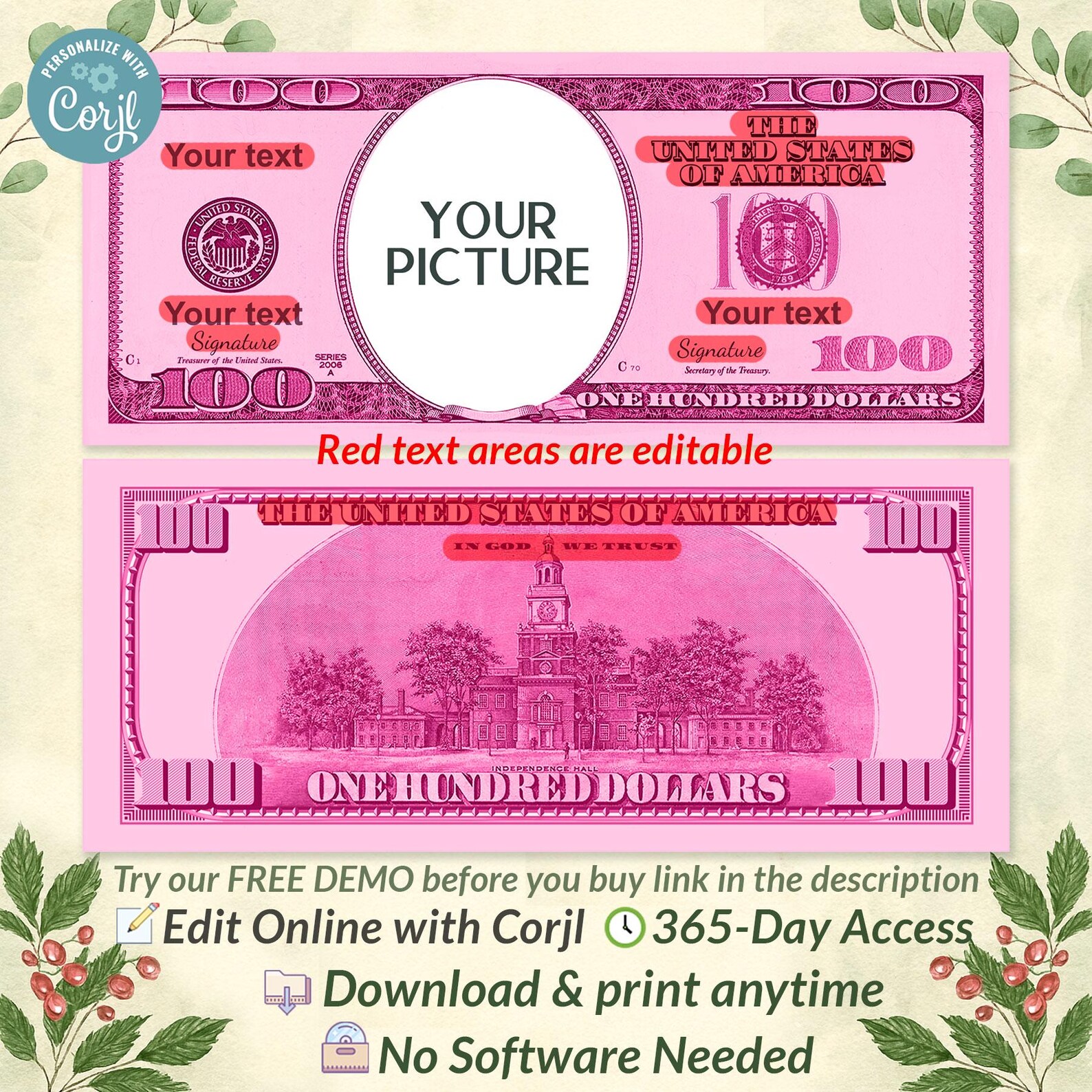 Custom Pink Hundred Dollar Play Money, Personalized Party Favor ...