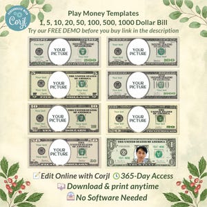 Paquete de dinero con caras personalizadas, 8 denominaciones de dinero ficticio personalizado, regalo de despedida de soltera, cumpleaños de niña, plantilla editable de Corjl