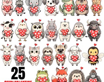 25 Chibi Valentine Animal Clipart PNG - 300 DPI Transparent Background - Commercial Use - Kawaii Animals with Hearts - Sublimation Designs