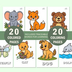 Set of printable preschool worksheets with various animals including a monkey, owl, penguin, puppy, horse, and kangaroo. Simple bold lines perfect for markers, crayons, or colored pencils.
