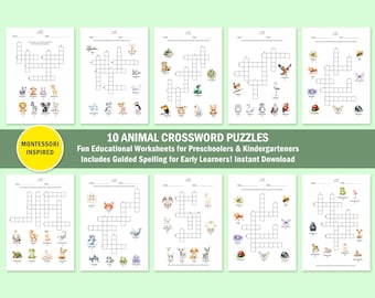 10 Animal Crossword Activity Pages for Kids - Safari Jungle Theme - Kindergarten Preschool Homeschool Worksheets - Printable PDF Puzzle Pack