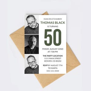 Nifty Fifty Birthday Invitation with Photo, Modern 50th Birthday Invite, Sage Green Photo Strip, Editable Corjl Mobile Digital Download image 3