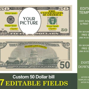 Bearbeitbarer Fifty Dollar Bill, Geldscheinkunst, digitales Geld, Ihr Gesicht auf Geld, kundenspezifische Bucks, bearbeitbare Corjl-Vorlage