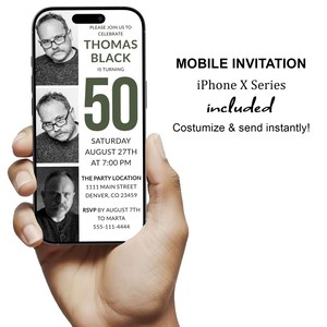 Mobile 50th Birthday Invitation for men or women. Electronic smartphone invite with photo collage. Army green and white digital template. Textable invite for SMS, WhatsApp, or iMessage. Instant download editable in Corjl.