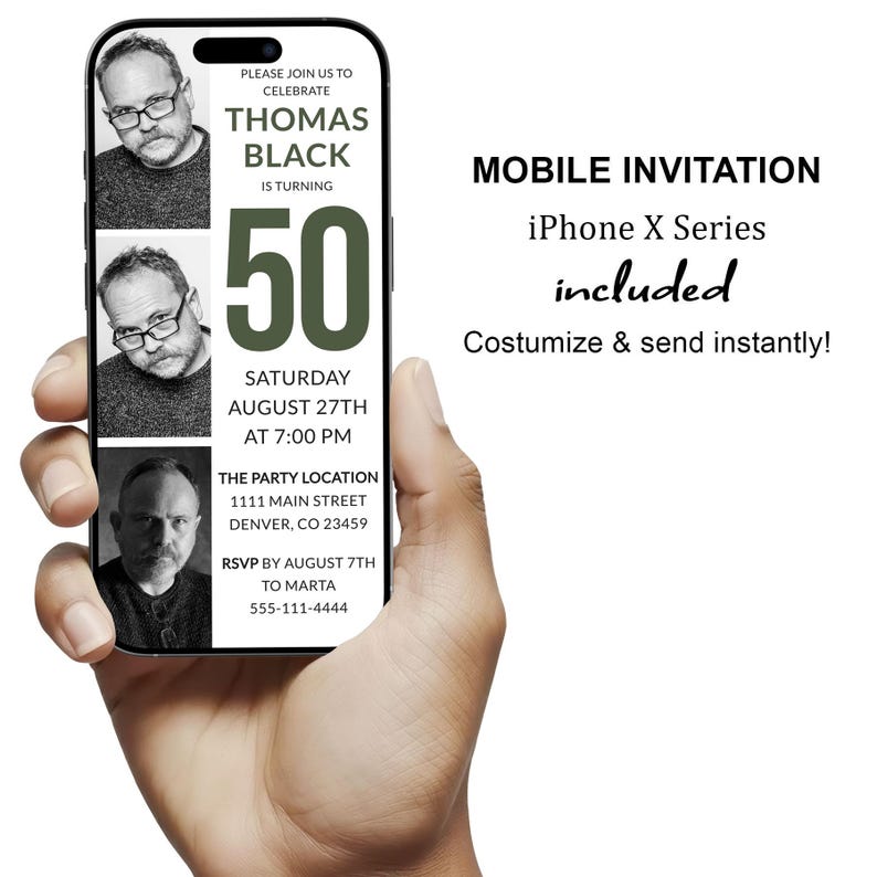 Mobile 50th Birthday Invitation for men or women. Electronic smartphone invite with photo collage. Army green and white digital template. Textable invite for SMS, WhatsApp, or iMessage. Instant download editable in Corjl.
