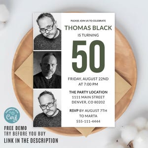 Modern 50th birthday invitation featuring a vertical 3-photo collage strip on the left. Minimalist white design with bold olive green typography and a large number "50". Fully editable Corjl template suitable for men or women