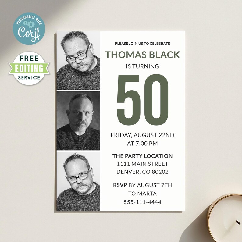 Modern 50th birthday invitation featuring a vertical 3-photo collage strip on the left. Minimalist white design with bold olive green typography and a large number "50". Fully editable Corjl template suitable for men or women