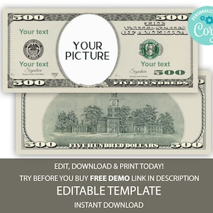 Editable custom denomination Dollar Bill, Money Bill Art, Digital Money, Your face on money, Customized Bucks, Editable Corjl Template