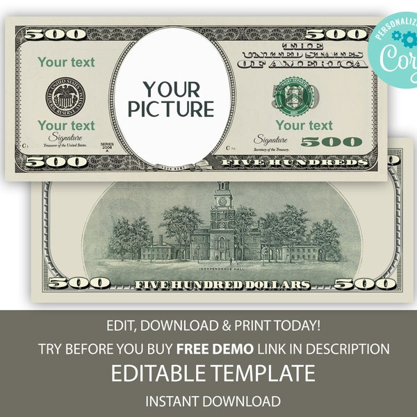 Editable custom denomination Dollar Bill, Money Bill Art, Digital Money, Your face on money, Customized Bucks, Editable Corjl Template