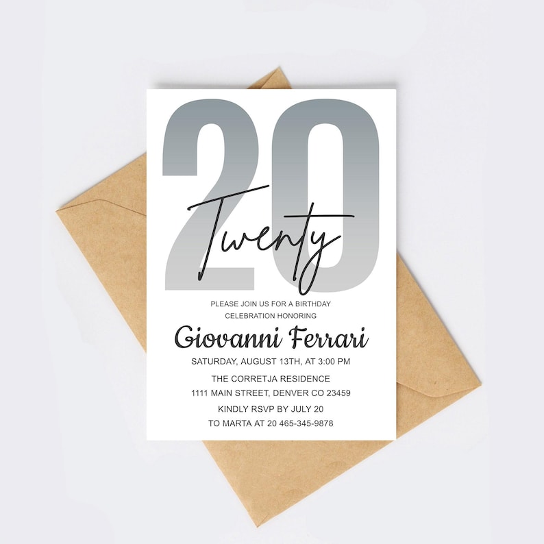 Modern 20th Birthday Invitation Template, Personalized Turning 20 Party ...
