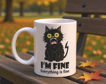Funny Black Cat Mug | I'M FINE Everything is Fine Stressed Cat Mug | Sarcastic Cat Lover Gift | Ceramic Coffee Cup 11oz | Office Humor
