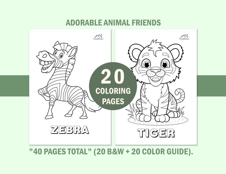 Libro da colorare con simpatici animali per bambini piccoli, pagine da colorare per bambini con guida ai colori, schede didattiche prescolastiche, download digitale immediato. immagine 4