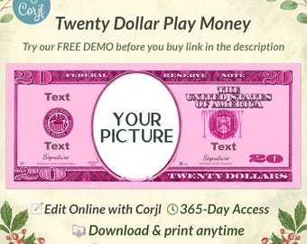 Custom Twenty Pink Money Bill Art: Personalized Souvenir (Corjl Template)