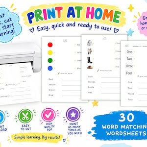 Può includere: Una stampante bianca con un foglio stampato che mostra insetti ed etichette. Sono mostrati tre fogli aggiuntivi con esercizi di abbinamento di colori, abbigliamento e numeri, con il testo 30 WORD MATCHING WORDSHEETS.