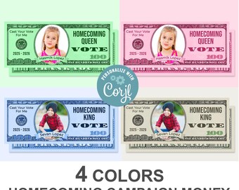 Homecoming Campaign Money with Face, Vote for Queen Dollar Bill Template, Personalized School Election Favors, Editable Corjl template