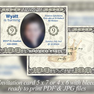 Geburtstagseinladung Geburtstagskarte, Einladung Geburtstagsparty, Dollar-Schein Einladungskarte, Ihr Gesicht auf Geld, Sofort Download, Dollar-Schein, PDF, JPG