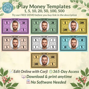 Editable Board Game Money: Custom Bucks, Corjl Template (Digital)