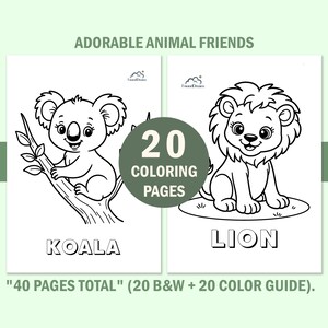 Educational kids animal coloring book pages featuring a cute lion and koala. Includes a black and white version for coloring and a color version as a reference guide. Large block letters at the bottom show the animal names for vocabulary learning.
