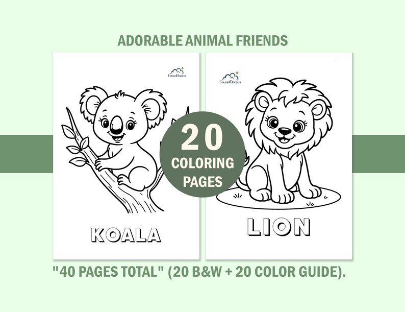 Educational kids animal coloring book pages featuring a cute lion and koala. Includes a black and white version for coloring and a color version as a reference guide. Large block letters at the bottom show the animal names for vocabulary learning.