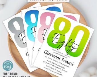 Modern 80th Birthday Invitation Template, Bold Eighty Birthday Invite for Men or Women, Editable Corjl Mobile Digital Download, 4 Colors