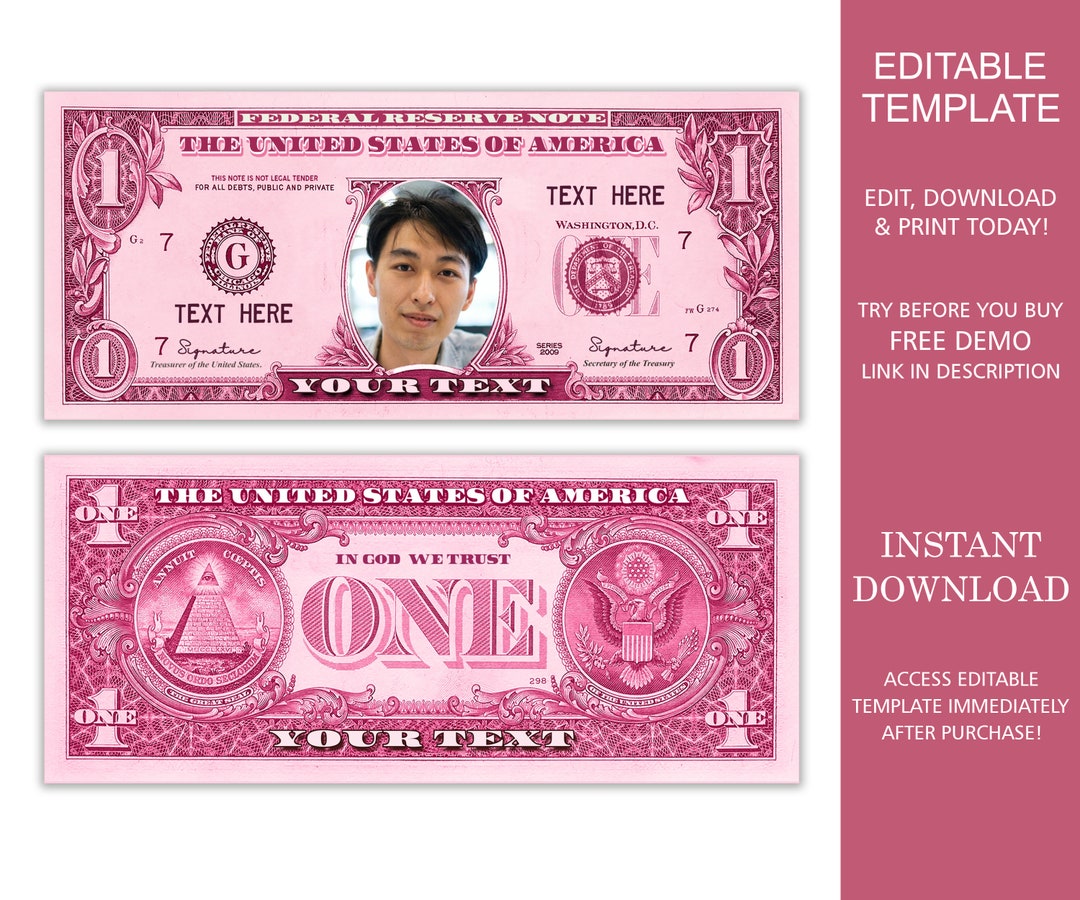 Editable Pink One Dollar Bill, Money Bill Art, Digital Money, Your Face Editable Pink One Dollar Bill, Money Bill Art, Digital Money, Your Face