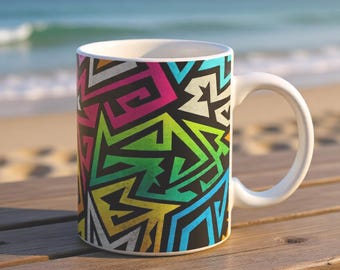 Abstract Geometric Ceramic Coffee Mug | Colorful Graffiti Art Ceramic Cup | Vibrant Pattern Modern Mug 11oz | Unique Gift for Art Lovers