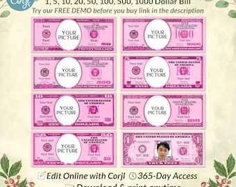 Pink Custom Face Money Bundle, 8 Denominations Personalized Play Money, Bachelorette Party Favor, Girls Birthday, Corjl Editable Template