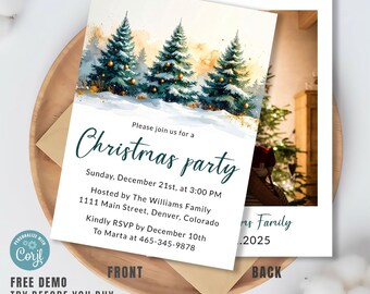 Christmas Party Invitation – Winter Forest Holiday Party – Editable Template with Photo Back & Snowy Trees
