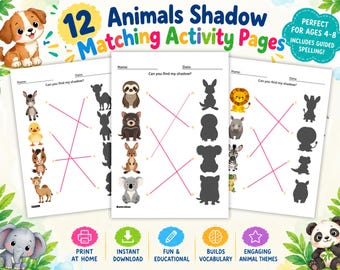 Puede incluir: Doce páginas de actividades de emparejamiento de sombras de animales con ilustraciones coloridas de varios animales a la izquierda y sus siluetas negras correspondientes a la derecha, con líneas rosas que conectan los pares en hojas blancas.